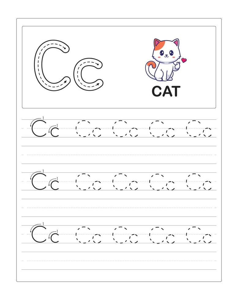 barns färgglada alfabetspårning arbetsblad, c är för katt vektor