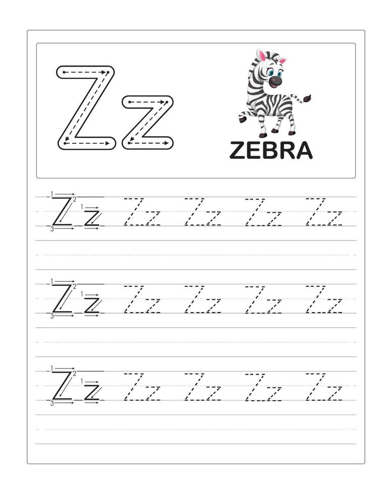 barns färgglada alfabetspårningsövningar, z är för zebra vektor