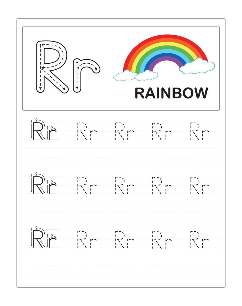 barns färgglada alfabetspårning arbetsblad, r är för regnbåge vektor