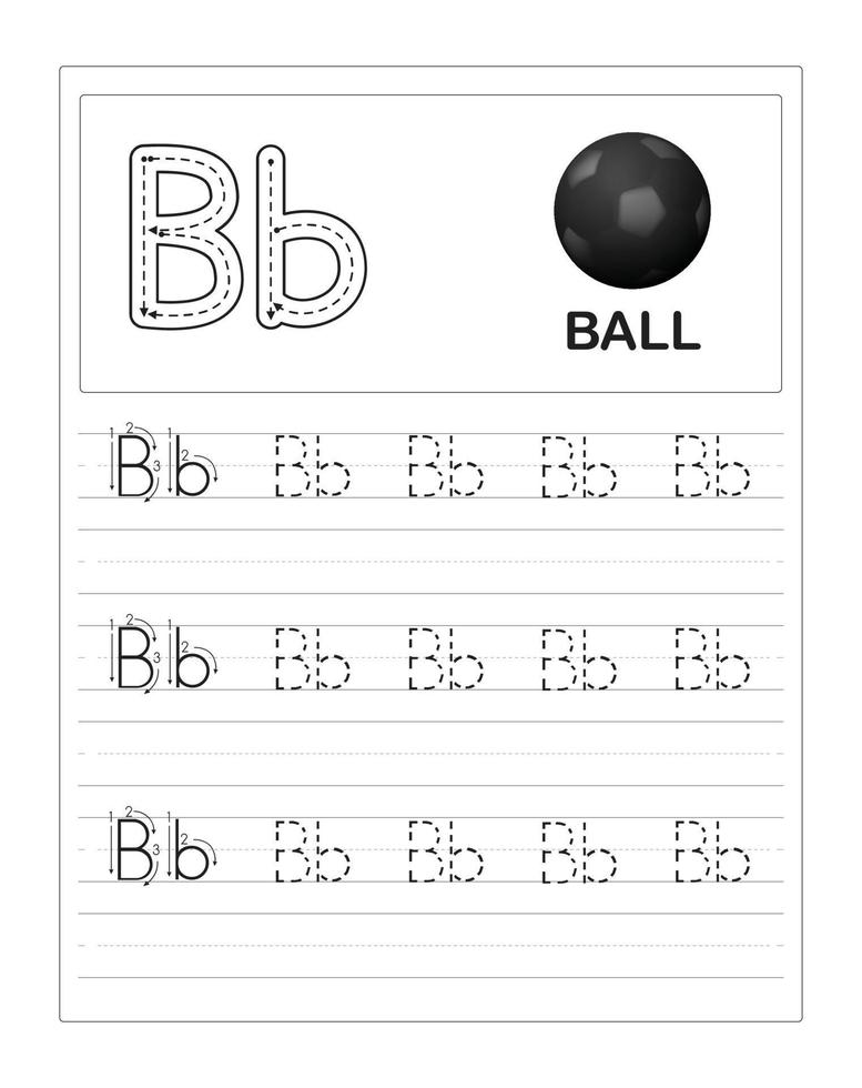 bunte arbeitsblätter zum nachzeichnen von alphabeten für kinder, b steht für ball vektor