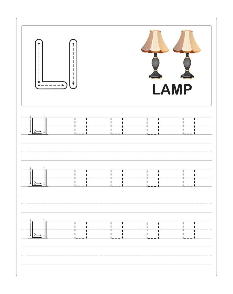 barns färgglada alfabetspårning arbetsblad, l är för lampa vektor