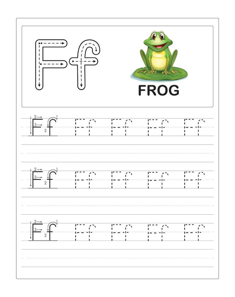 bunte Übungsblätter zum Nachzeichnen des Alphabets für Kinder, f steht für Frosch vektor