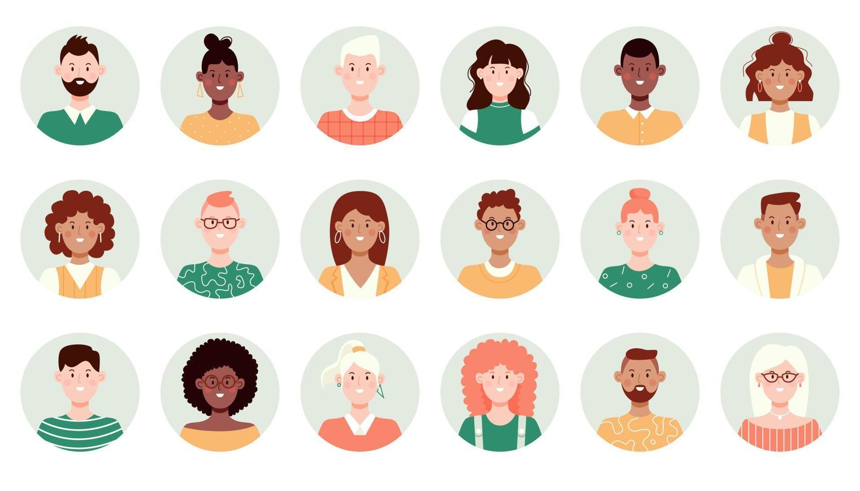 uppsättning av cirkel ansikte avatar. samling av multiracial manliga och kvinnliga porträtt för profil ikoner. platt vektorillustration. vektor