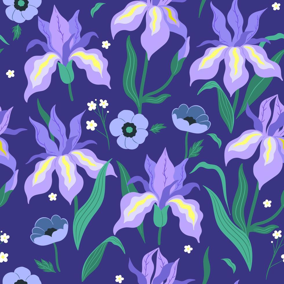 seamless mönster med iris och ranunculus blommor. vektorgrafik. vektor