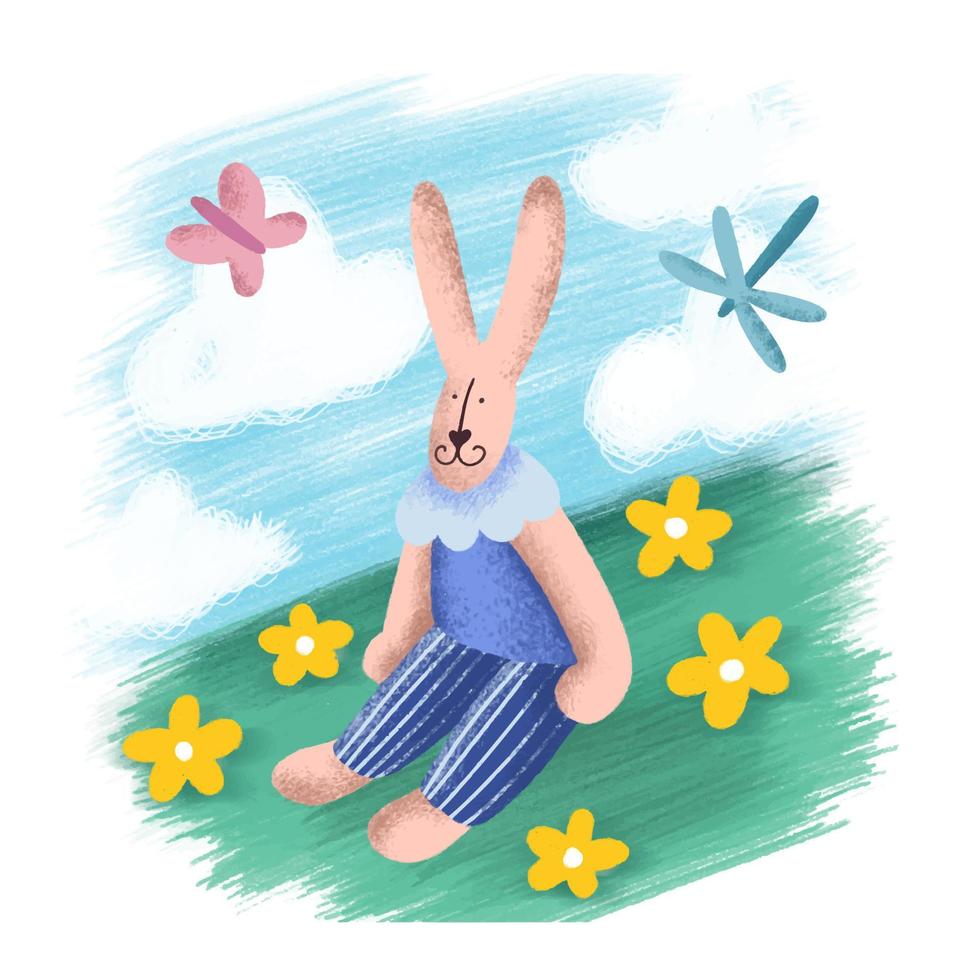 pojke kanin sitter på gräsmattan vektor
