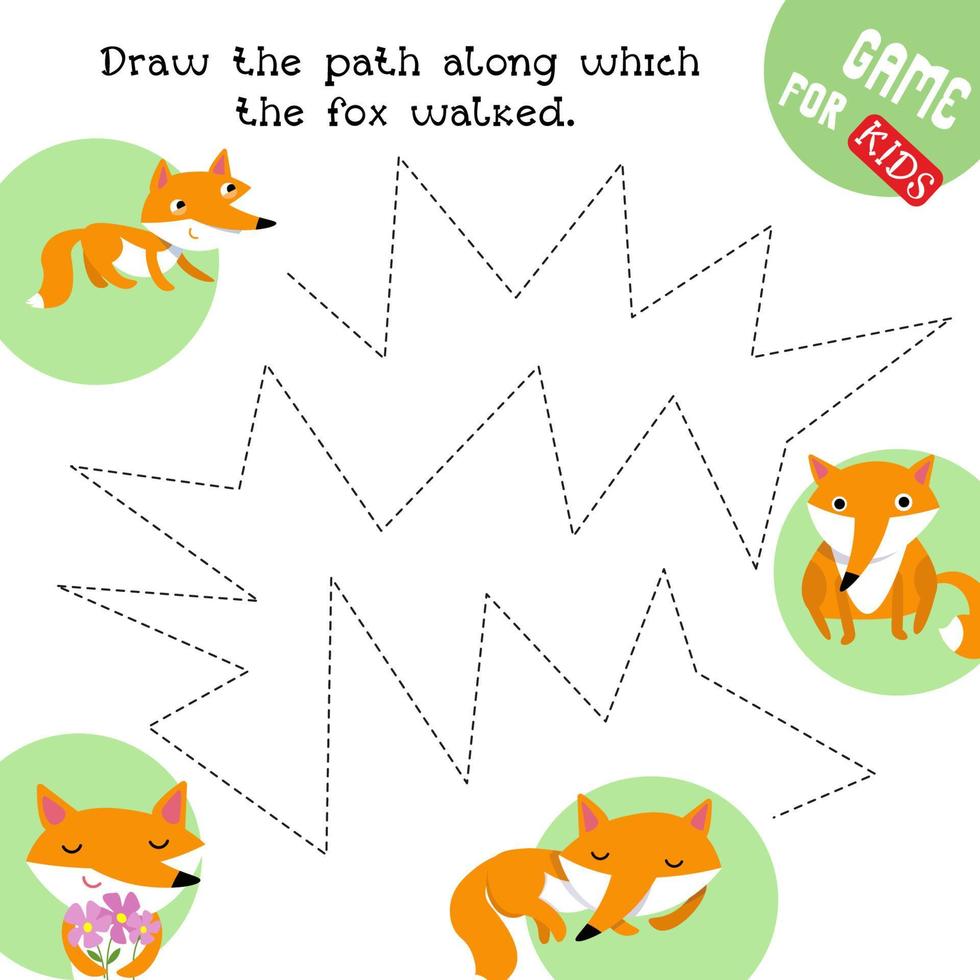 pedagogiskt spel för barn. rita stigar. övning i handstil. räv på promenad i skogen. vektor illustration.
