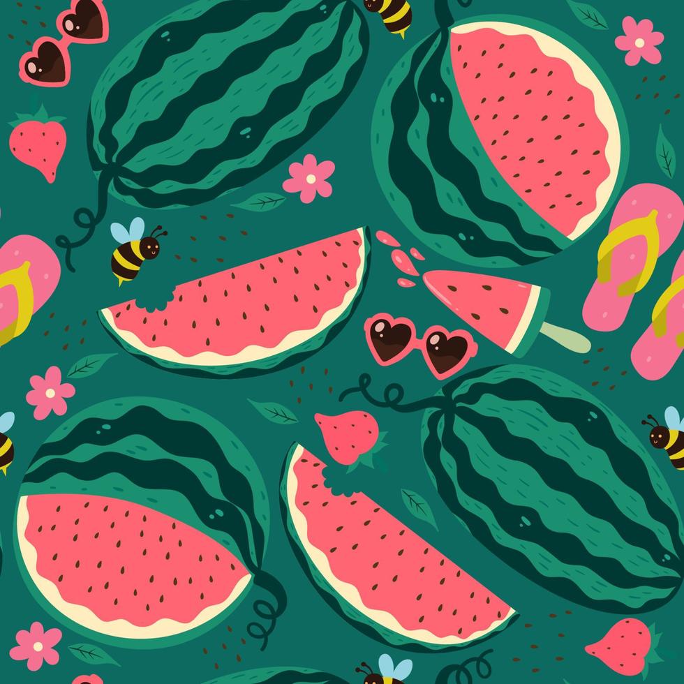 nahtloses Muster mit Wassermelonen auf grünem Hintergrund. Vektorgrafiken. vektor