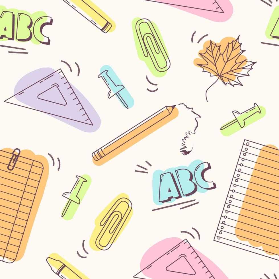 tillbaka till skolan seamless mönster. linjekonst doodle illustration med skolmaterial. stift, klämmor, lönnlöv, penna, papper, kritor och linjal. vektor bakgrund