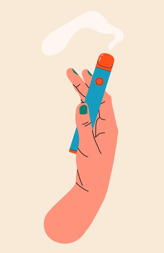 hand som håller vape, färgglad illustration. elektroniska cigaretter och vape koncept. modern vektorillustration. olika design vape pennor och pod mods. platt vektordesign för webben. vektor