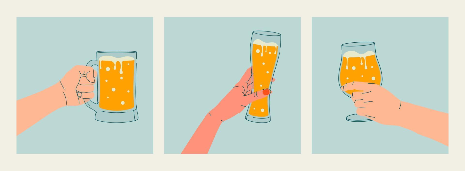 Reihe von Umrisszeichnungen. Frauen- und Männerhände halten ein Glas Bier. flache illustration für grußkarten, postkarten, einladungen, menügestaltung. Strichzeichnungsvorlage vektor