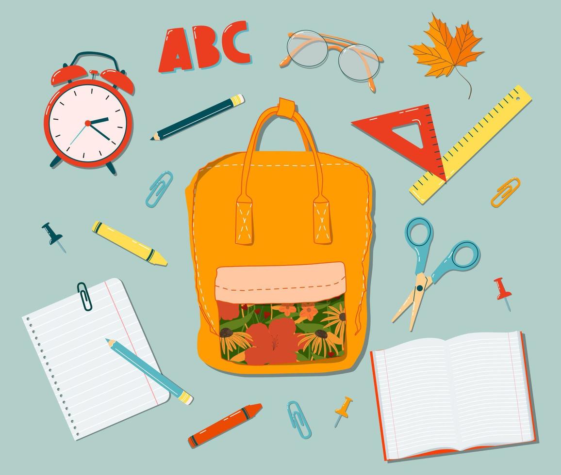 Rucksack, Buntstifte, Bleistifte, Brille, Schere und Notizbuch. trendige top-down-ansichtsillustration. herbstliche Atmosphäre. moderne cartoon hand gezeichnete gruppe von dingen entwerfen für webkarte, banner vektor