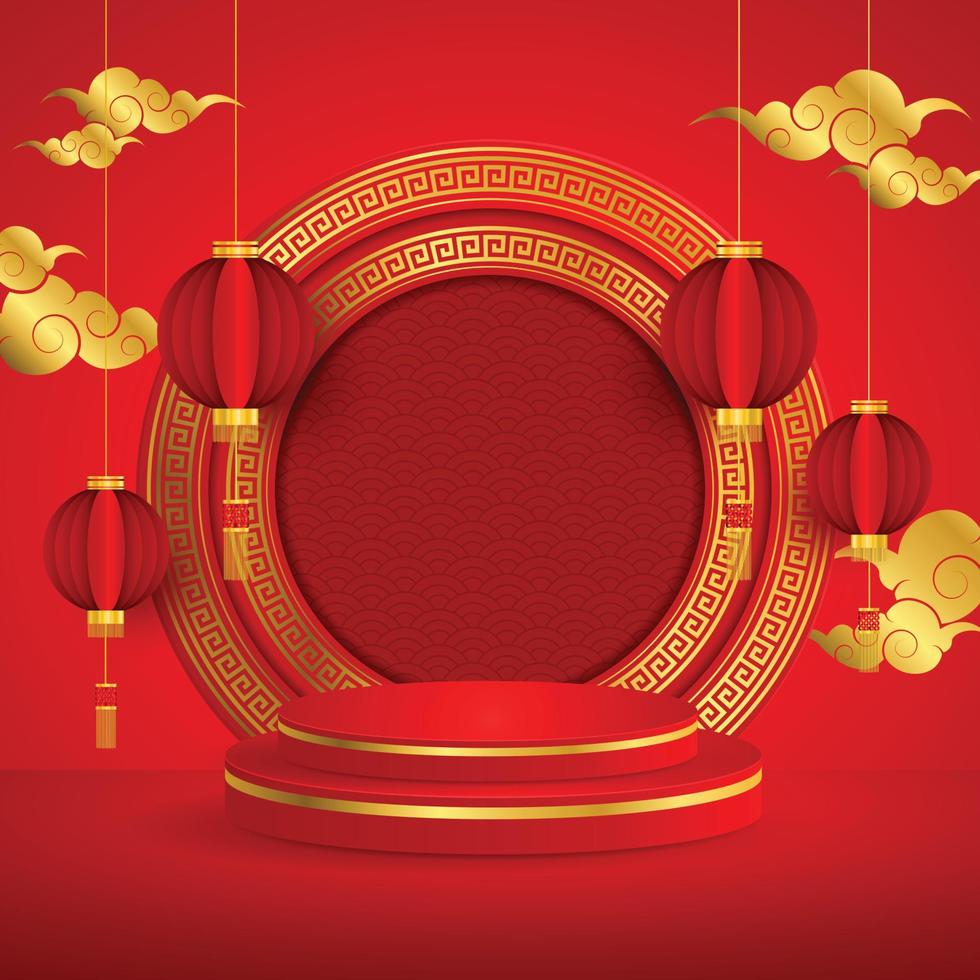 podium rund scen, kinesiskt guldmönster med orientaliska asiatiska inslag på röd bakgrund, för bröllopsinbjudningskort, gott nytt år, grattis på födelsedagen, alla hjärtans dag, gratulationskort, affisch. vektor
