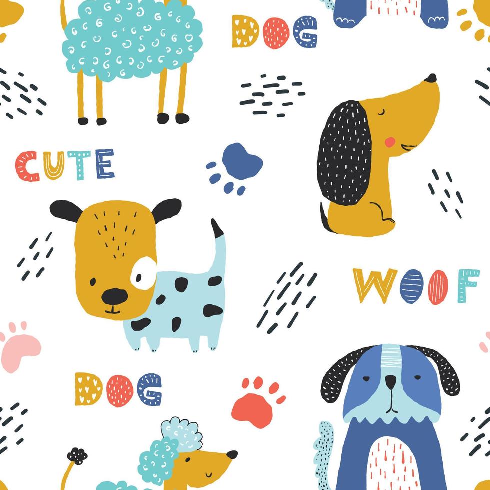 barnsligt sömlöst mönster med roliga kreativa hundar. kreativ barnslig textur i skandinavisk stil. perfekt för tyg, textil vektorillustration. vektor