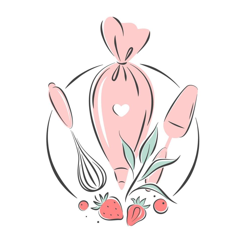 Gebäck-Logo. werkzeugsatz für die herstellung von kuchen, keksen und gebäck. vektorillustration für menü, rezeptbuch, backshop, café. vektor