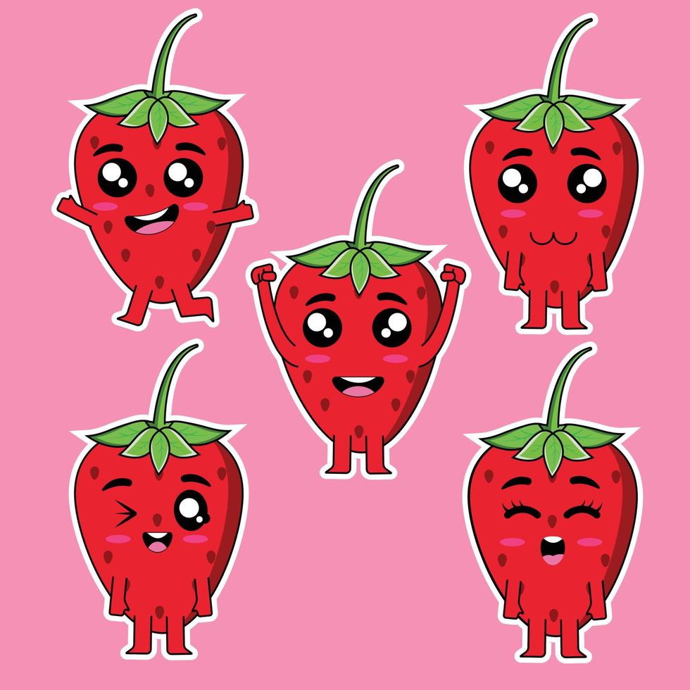 Erdbeer-Cartoon-Charaktervektor, Maskottchen mit verschiedenen Posen vektor