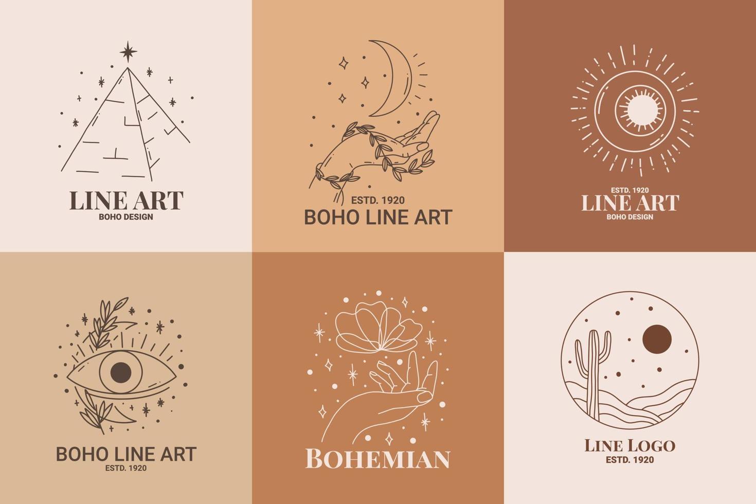 boho mystic doodle esoterisches logo-set. Magic Line Art Icon mit Pyramide, Sonnenuntergang, Sonne, Hand, Mond, Auge vektor