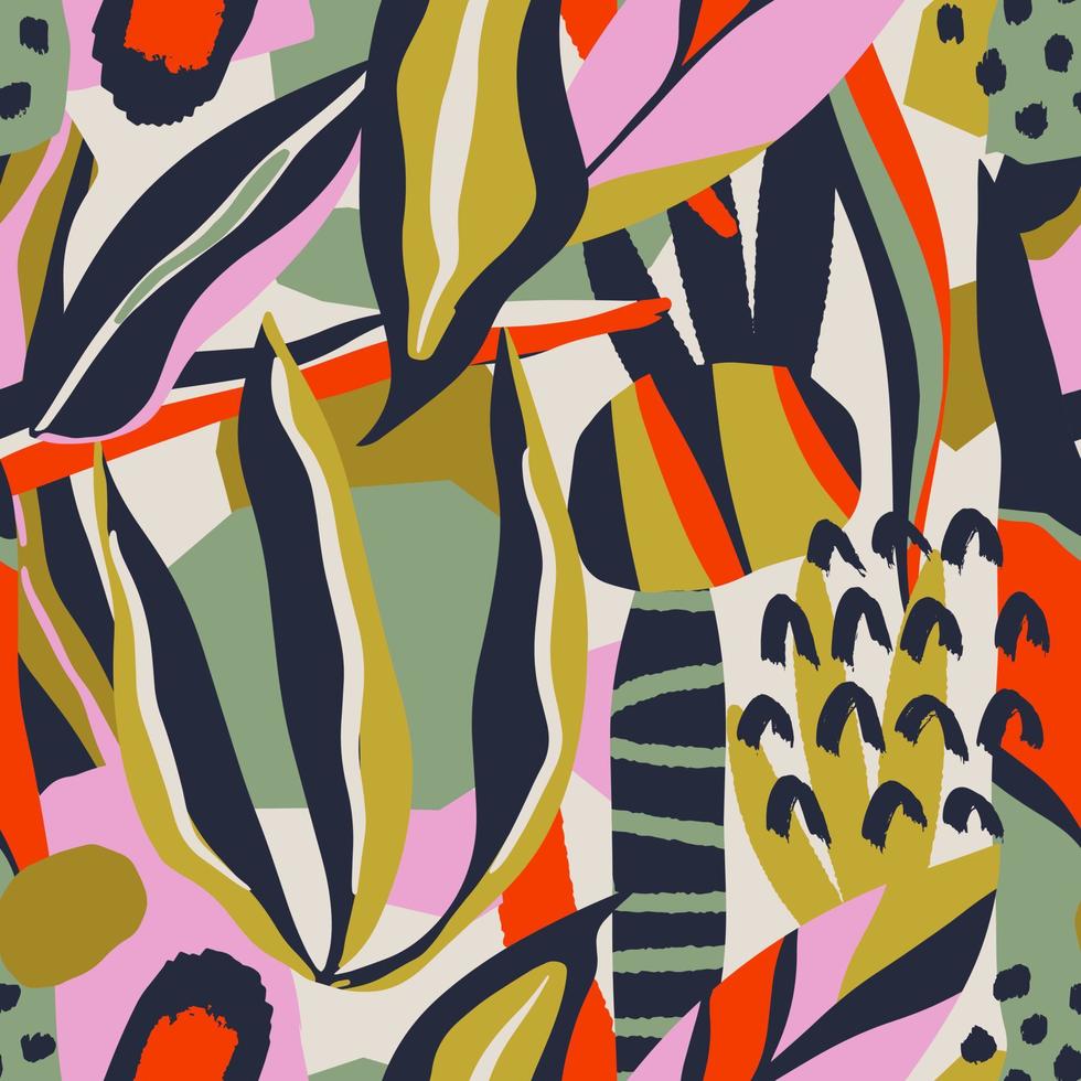 abstraktes zeitgenössisches nahtloses Muster mit handgezeichneten Formen, Flecken, Punkten und Linien mit Texturen. lebendiger Boho-Print. moderne Collage-Vektor-Illustration vektor
