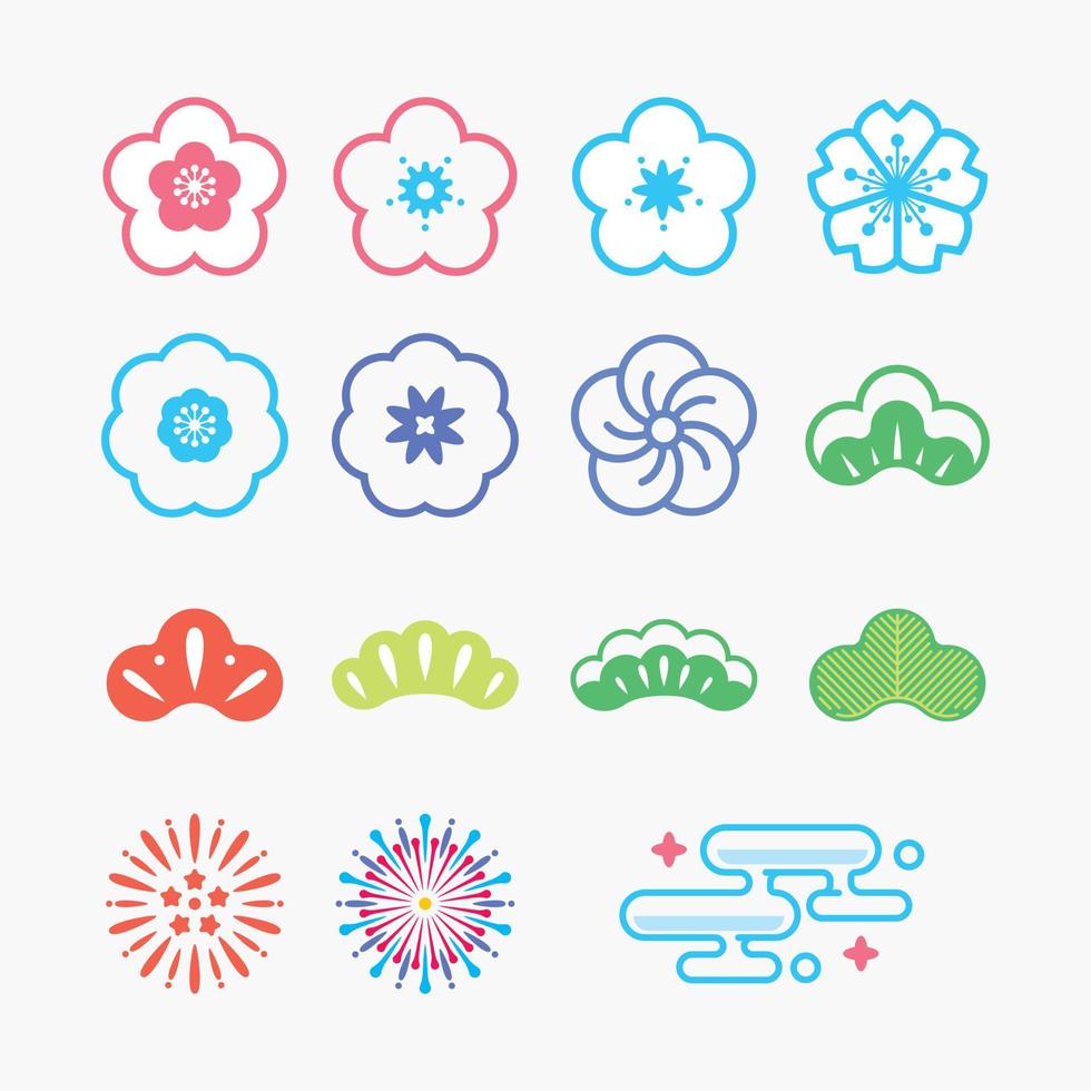blomma och fyrverkeri ikoner platt japansk kawaii stilikon. vertor vektor