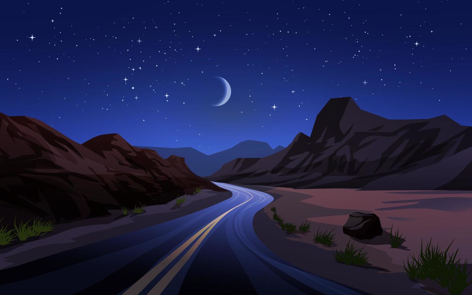öken natt landskap illustration med väg vektor