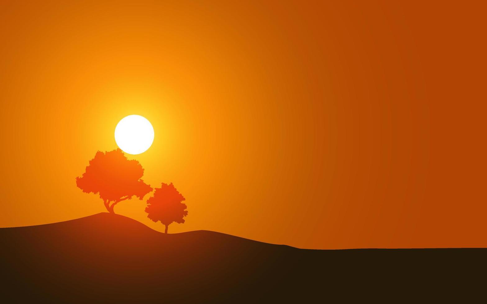 träd siluett på orange himmel solnedgång vektor
