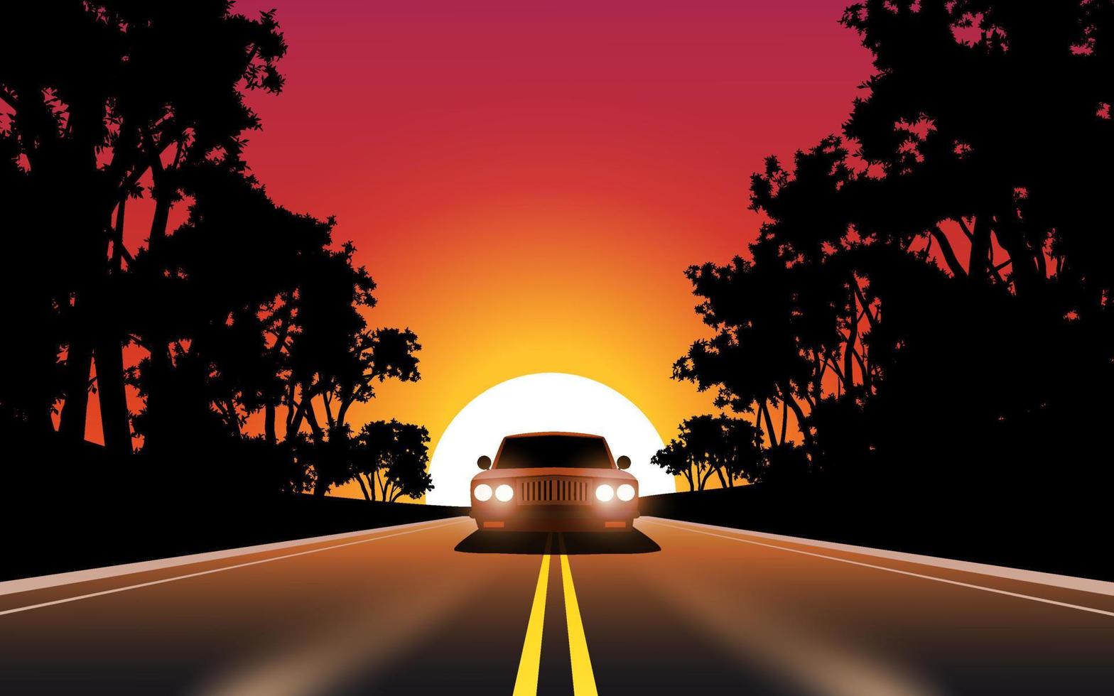 Auto-Sonnenuntergang-Fahrvektor-Illustration. Ein Auto, das bei Sonnenuntergang auf der Autobahn fährt vektor