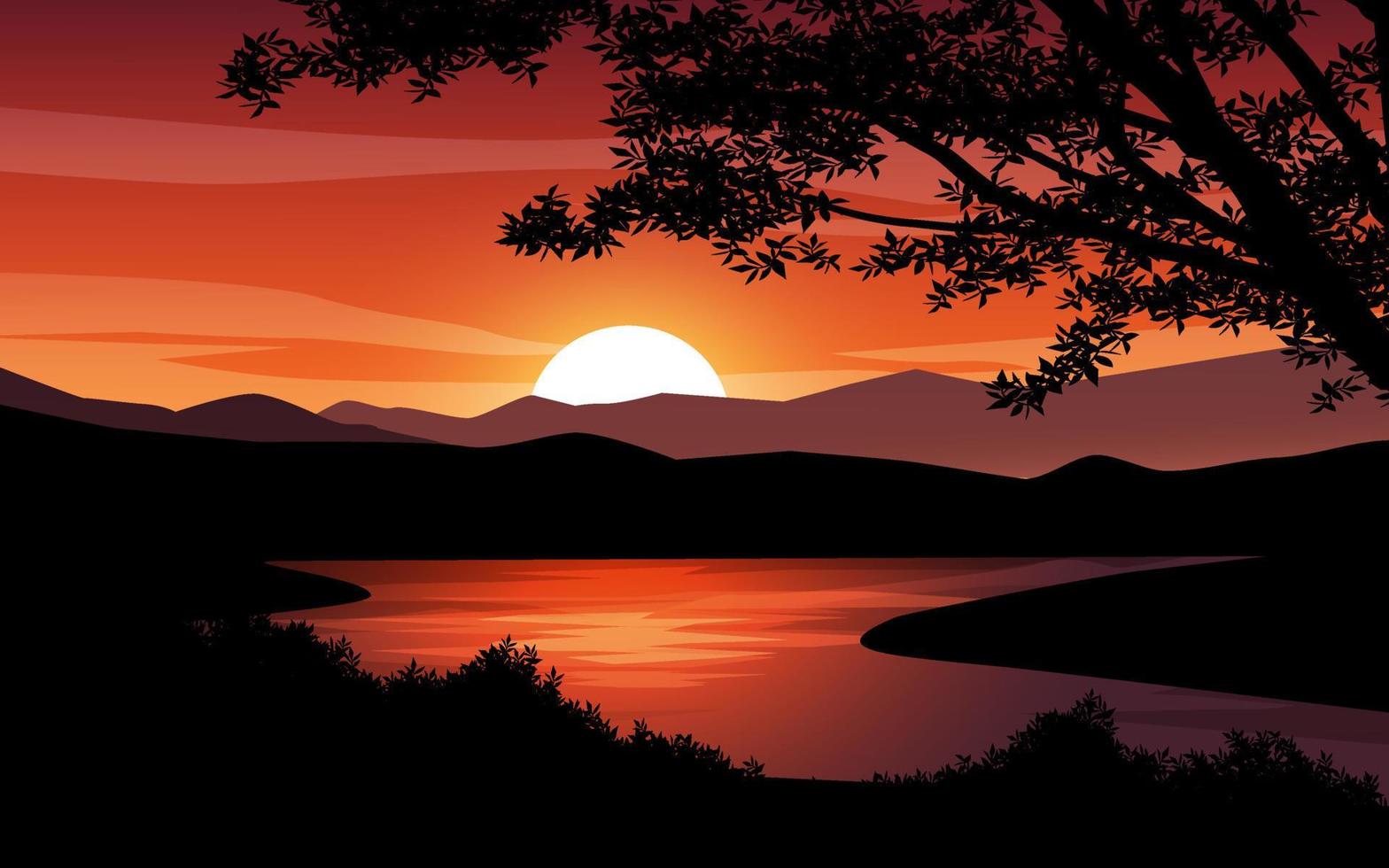 siluett av skog och flod med solnedgång bakgrund vektor