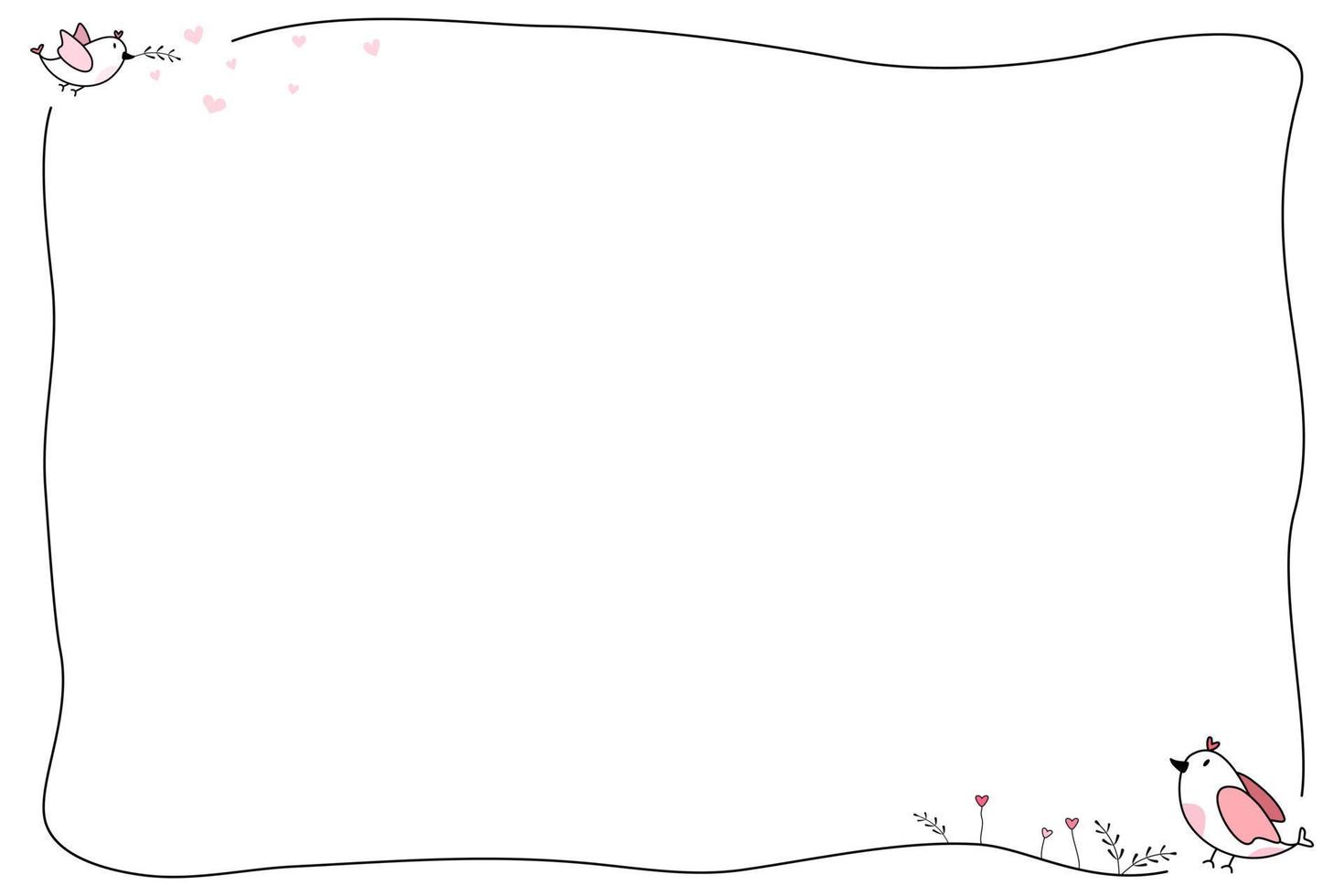 Vektor - Handzeichnung schwarze Grenze mit niedlichen rosa Vogel und Mini-Herzen isoliert auf weißem Hintergrund. gekritzel, minimaler stil. süßer Rahmen. Platz kopieren. kann für Einladungskarte, Etikett, Postkarte verwendet werden.
