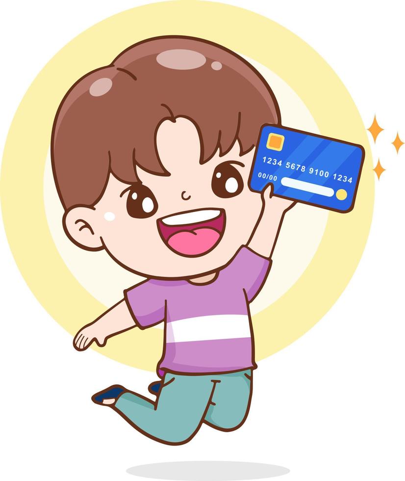 charakterkarikaturteenager, der kreditkarte hält, mit kreditkarte einkaufen, finanz- und geldkonzept, flache illustration vektor
