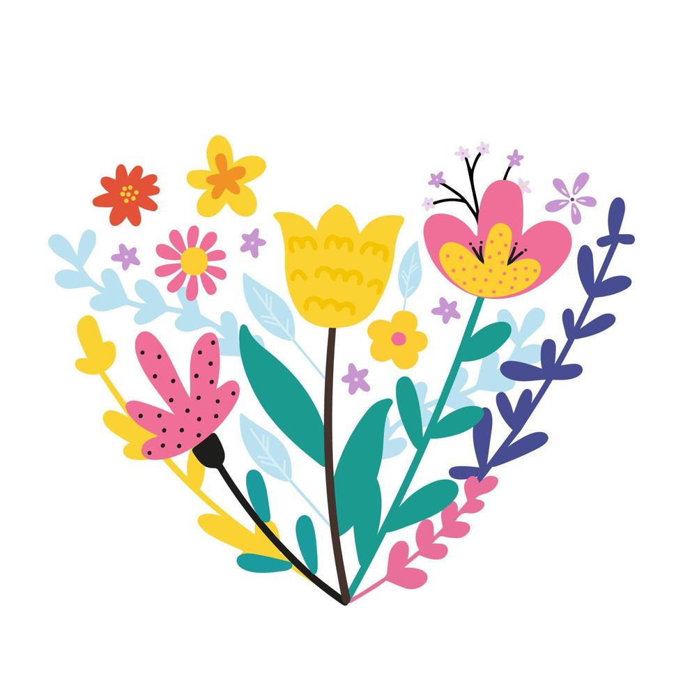 komposition niedlicher handgezeichneter blumen in herzform. sammlung verschiedener blühender pflanzen mit stielen und blättern. Blumenschmuck oder Geschenk. Blumensträuße. Vektor-Illustration vektor