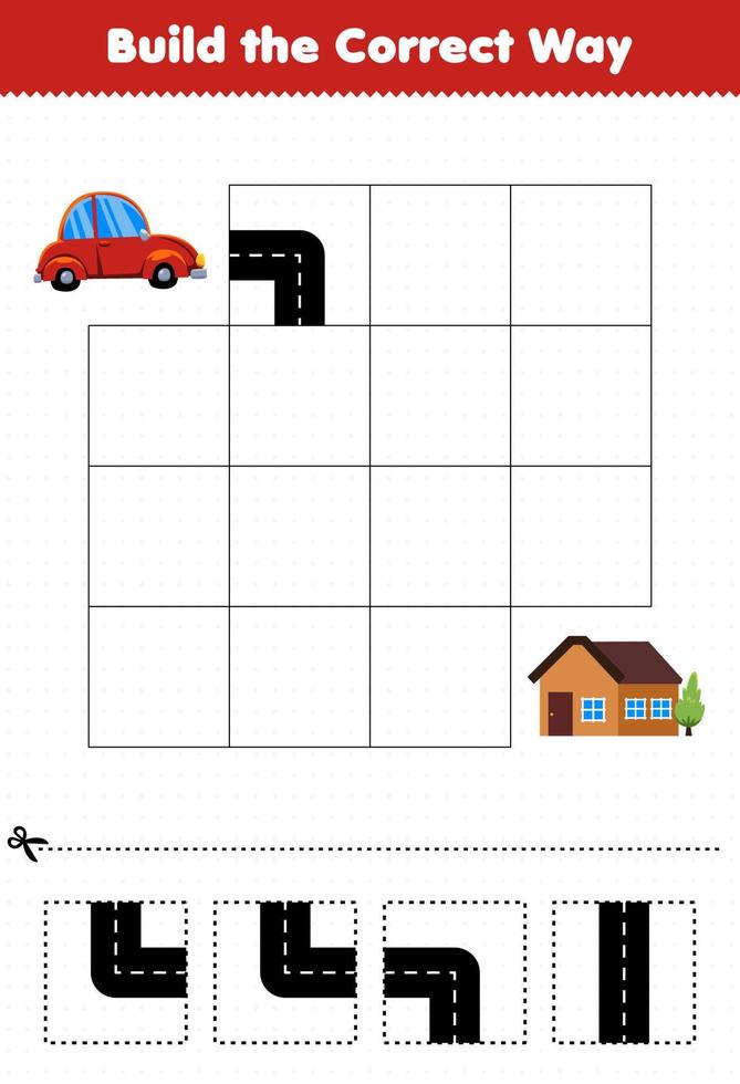 Lernspiel für Kinder Bauen Sie den richtigen Weg, um dem Auto beim Umzug ins Haus zu helfen vektor