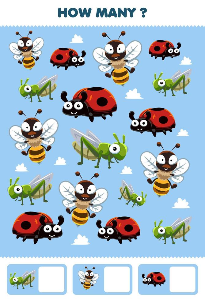 utbildningsspel för barn som söker och räknar aktivitet för förskolan hur många söta insektsdjur nyckelpiga bi gräshoppa vektor