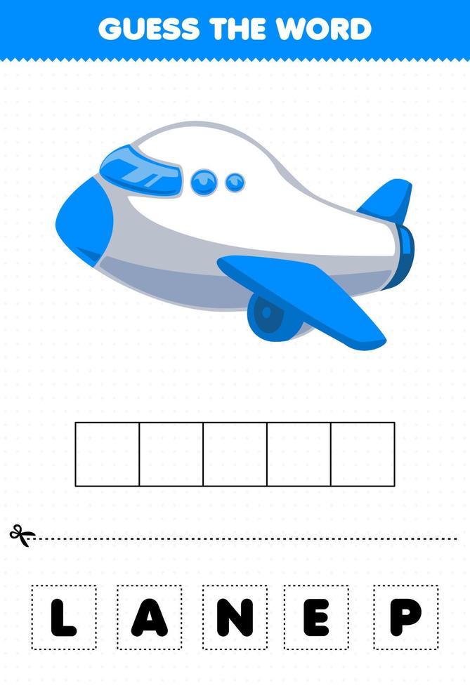 Lernspiel für Kinder Erraten Sie die Wortbuchstaben, die ein niedliches Transportflugzeug üben vektor