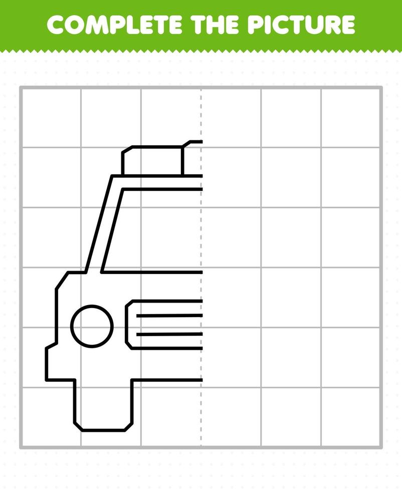 bildungsspiel für kinder vervollständigen das bild süße transport polizeiauto halbumriss zum zeichnen vektor