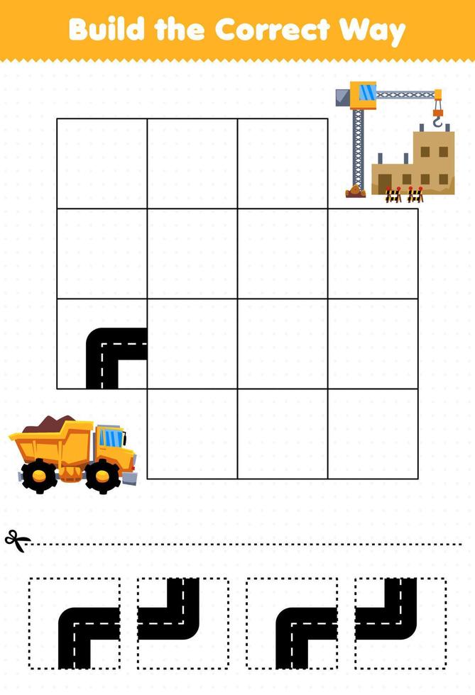 Lernspiel für Kinder Bauen Sie den richtigen Weg, um dem Muldenkipper zu helfen, zur Baustelle zu fahren vektor