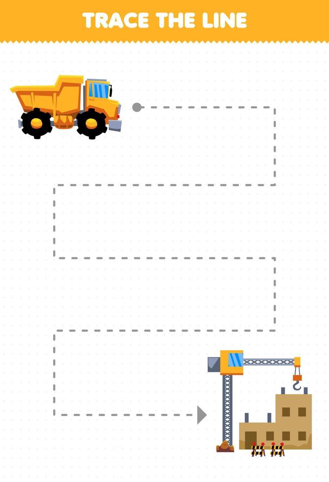 bildungsspiel für kinder handschriftübung verfolgen sie die linien helfen beim transport des muldenkippers zur baustelle vektor