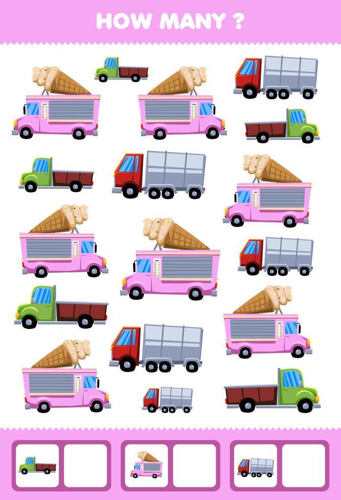 utbildningsspel för barn som söker och räknar aktivitet för förskolan hur många transporter pickup glassbil vektor