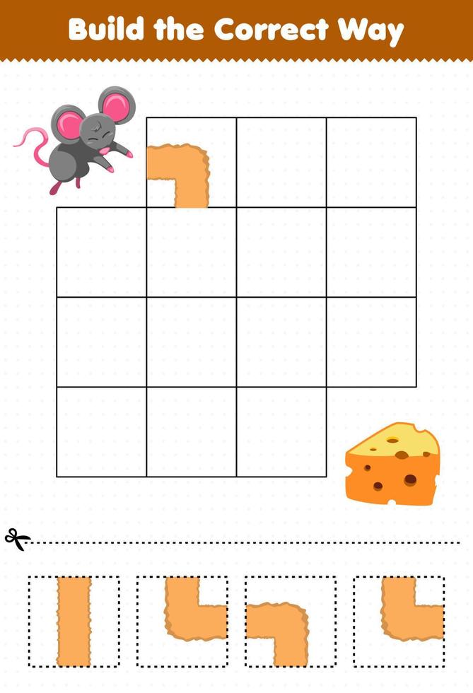Lernspiel für Kinder Bauen Sie den richtigen Weg und helfen Sie der niedlichen Maus, sich zum Käse zu bewegen vektor