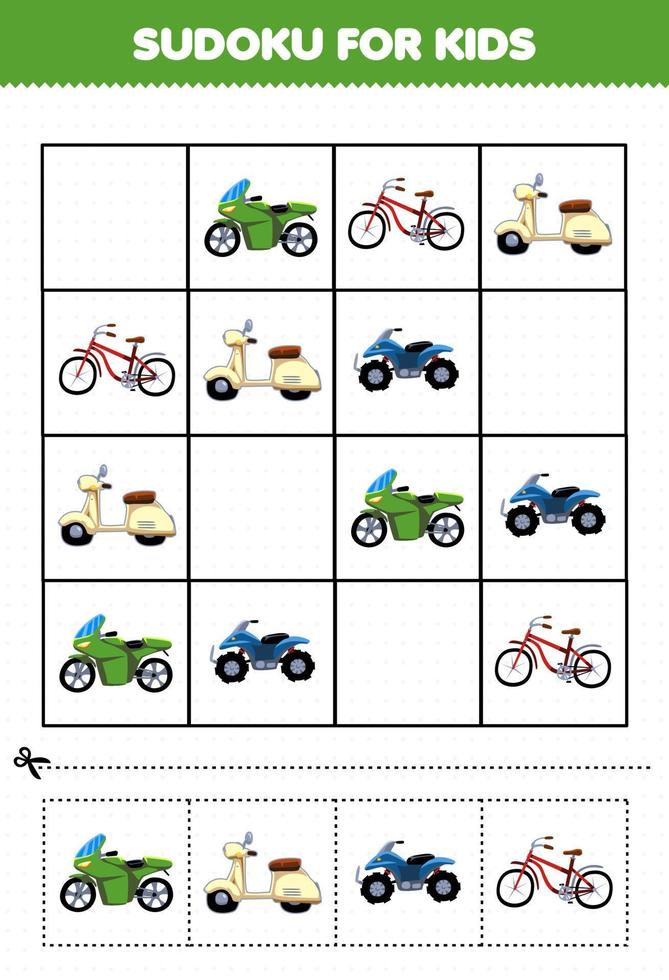 Bildungsspiel für Kinder Sudoku für Kinder mit Cartoon-Fahrradtransportbild vektor