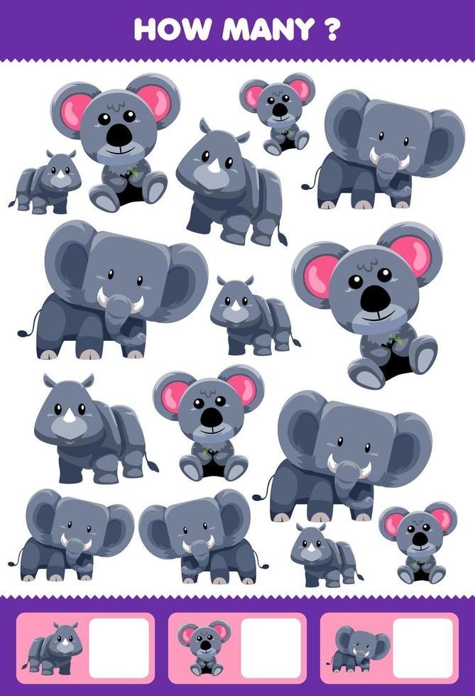 Bildungsspiel für Kinder, die Aktivitäten für die Vorschule suchen und zählen, wie viele süße graue Tiernashorn-Koala-Elefanten vektor