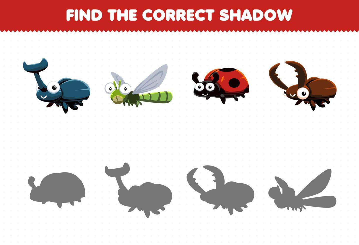 Lernspiel für Kinder Finden Sie den richtigen Schattensatz von niedlichen Käfern vektor