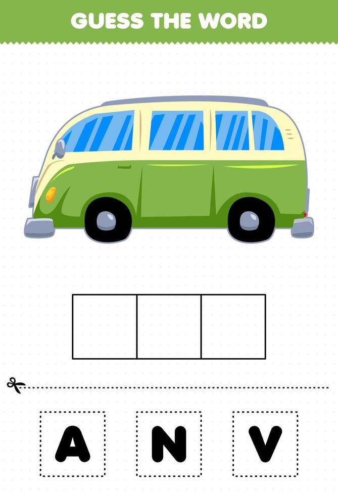 utbildning spel för barn gissa ordet bokstäver öva söt transport van bil vektor