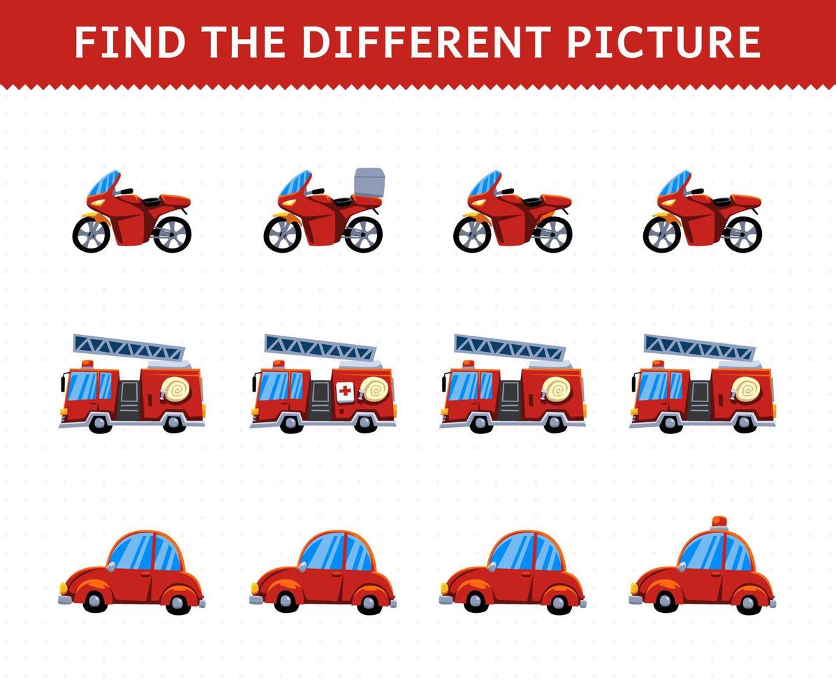 utbildning spel för barn hitta olika bild i varje rad transport motorcykel ambulansbil vektor