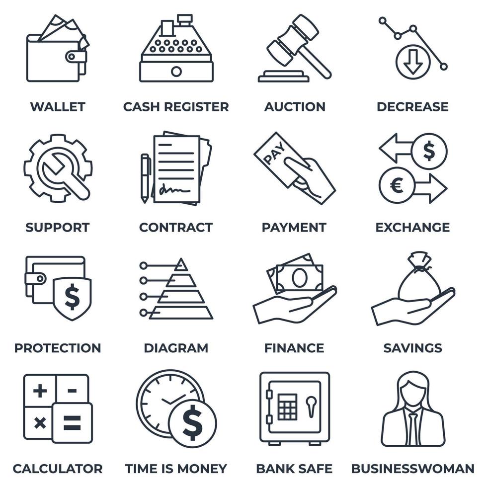 uppsättning pengar finans ikon logotyp vektorillustration. finans pack symbol mall för grafisk och webbdesign samling. plånbok, kassaapparat, auktion, minskning med mera vektor