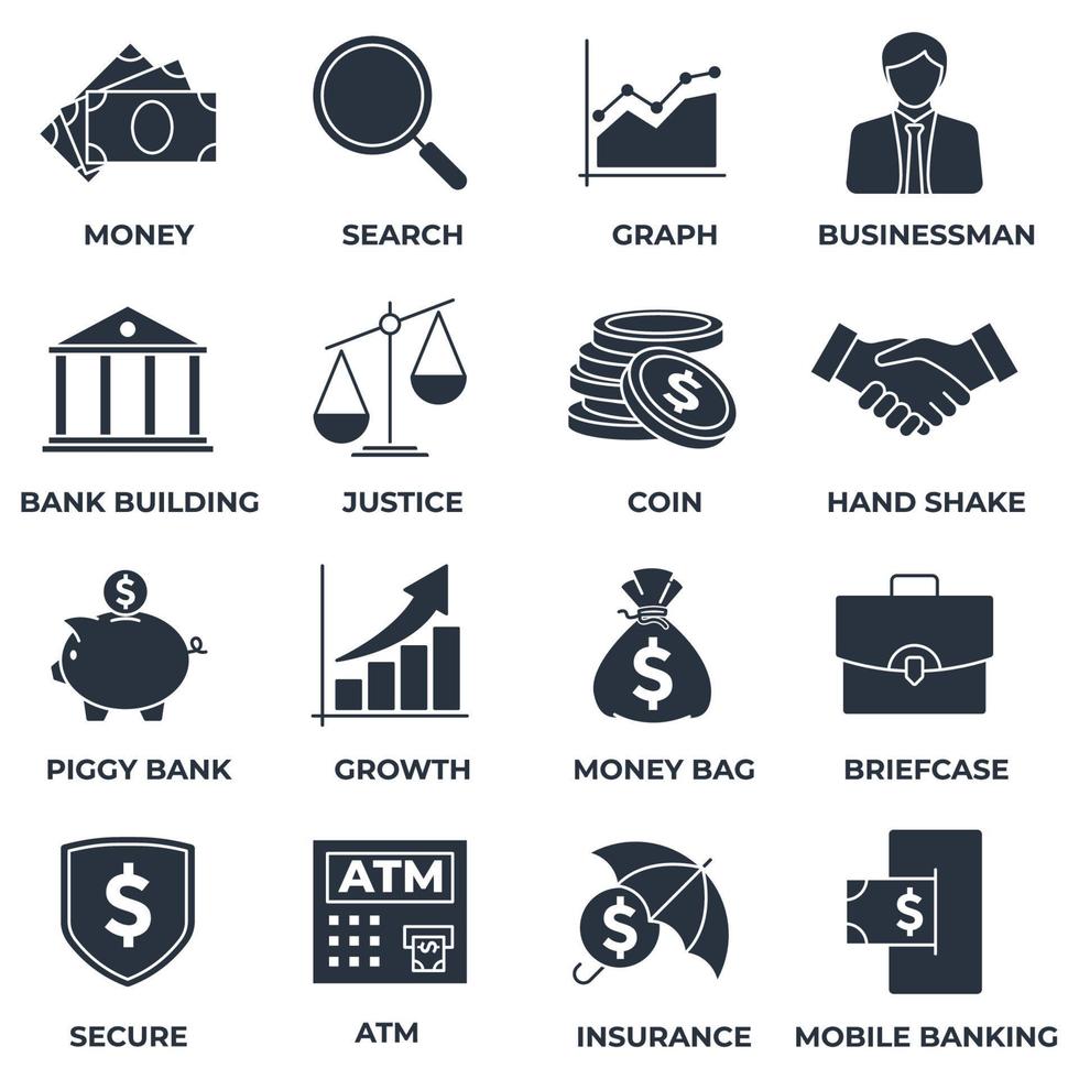 uppsättning pengar finans ikon logotyp vektorillustration. finans pack symbol mall för grafisk och webbdesign samling. pengar, sökning, graf, affärsman och mer vektor