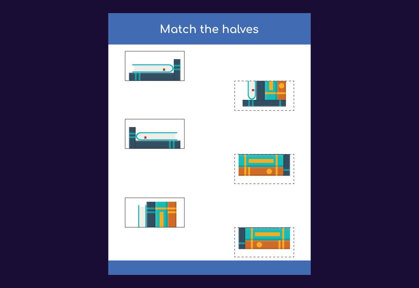 matchande spel. matcha halvor av föremål. pedagogiskt spel för barn, utskrivbart kalkylblad vektor
