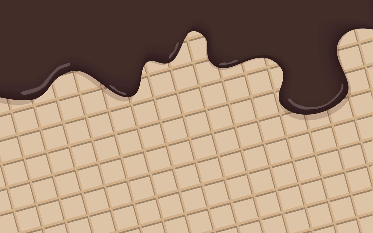 realistische schokoladeneiscreme geschmolzen auf vanillekegelhintergrundvektor. Schokoladencreme schmilzt auf der Waffeloberfläche. eine vorlage für ein süßes menü oder einen werbespot. vektor