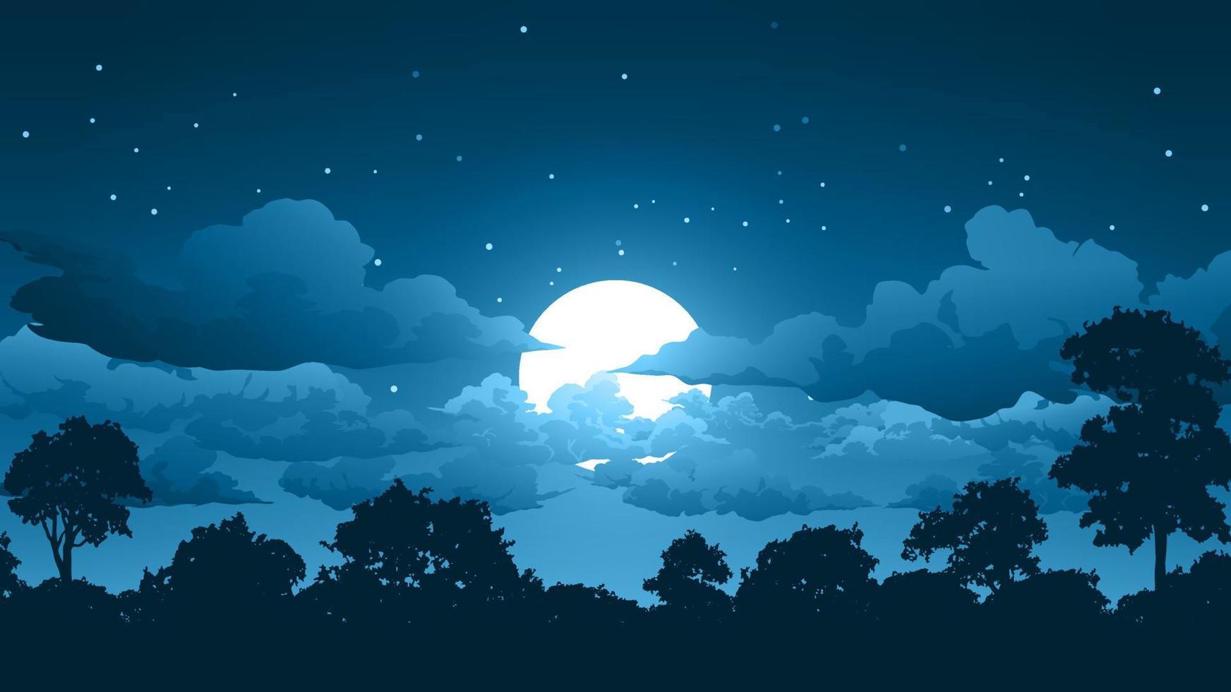 skog natt med fullmåne och stjärnor landskap illustration vektor