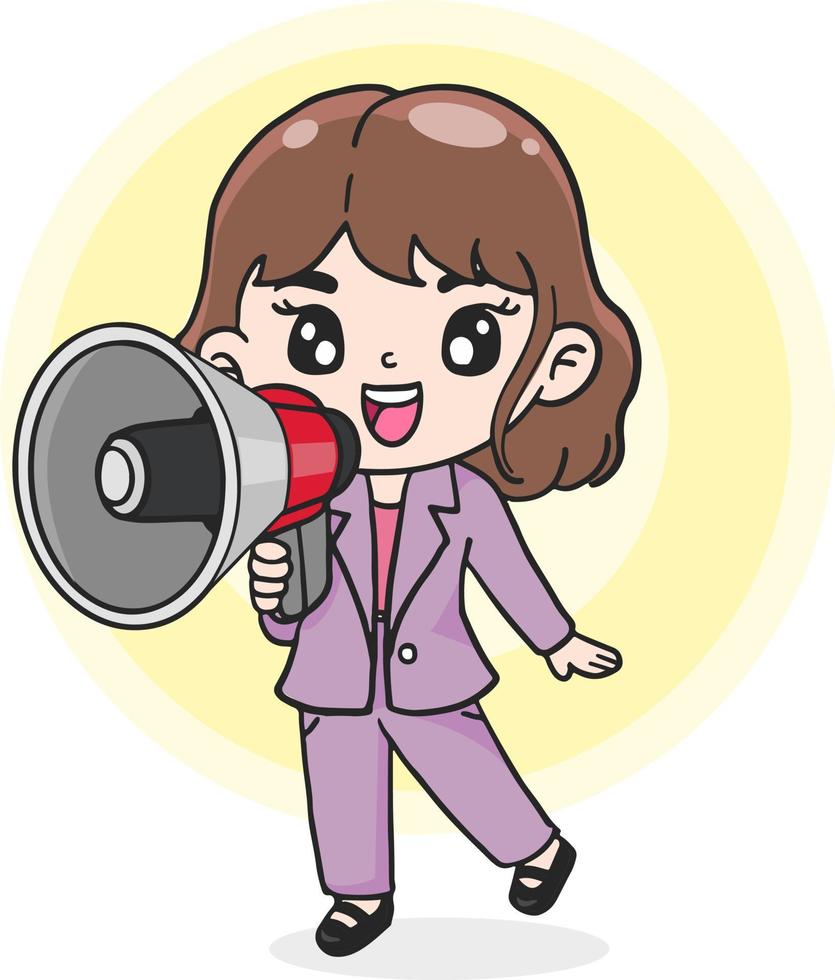 seriefigur affärskvinna med megafon tillkännage reakampanj, snabb försäljning koncept, platt illustration vektor