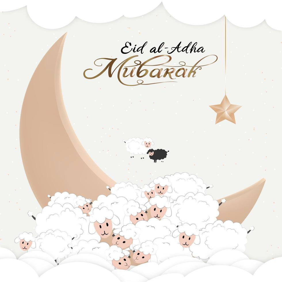 eid mubarak firande av muslimska samhället festival eid al adha gratulationskort med offer en bagge, vita och svarta får, halvmåne på molnig bakgrund. vektor illustration muslimsk semester eid ul adha