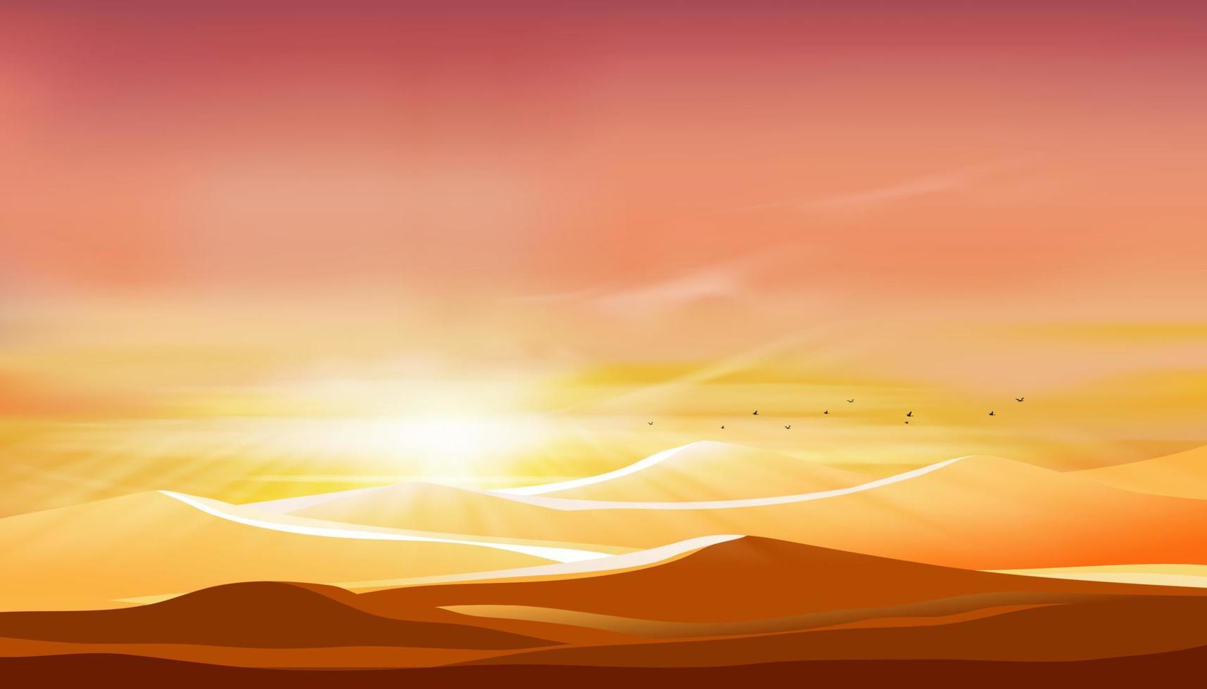 solnedgång vid ökenlandskap med sanddyner med orange himmel på kvällen, vektorillustration vacker natur med soluppgång på morgonen, bannerbakgrund för islam, muslim för eid mubarak, eid al fitr vektor